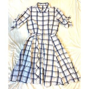 Calvin Klein Dress Navy White Plaid Shirt Tie Sleeve Belted Knee Length 10